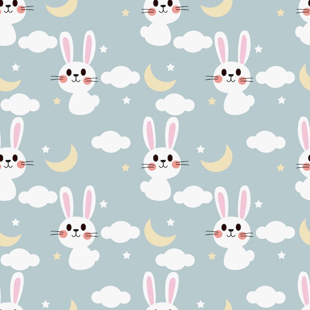 Cute white bunny on the sky seamless pattern.