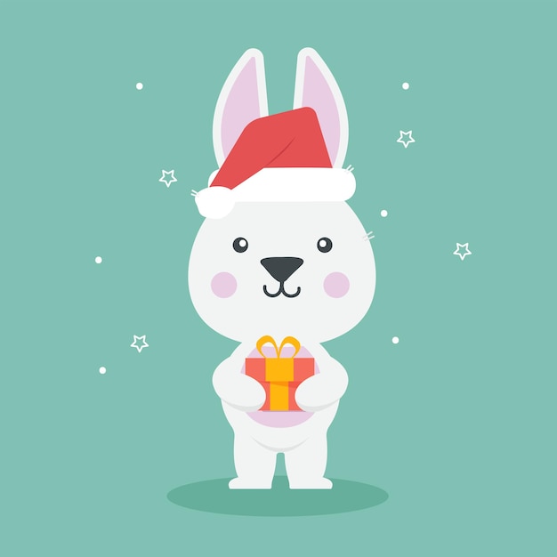 Cute white bunny wearing red stocking cap and holding a gift. Year of a Rabbit