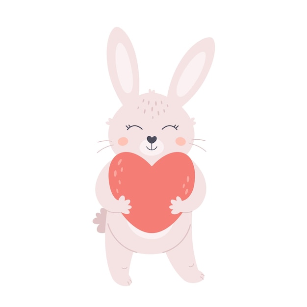 마음으로 귀여운 흰 토끼입니다. 하트를 껴안고 있는 토끼. 자기 사랑, 발렌타인 데이 개념