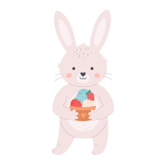 Cute white bunny with ice cream. hello summer, summer vacation, summertime