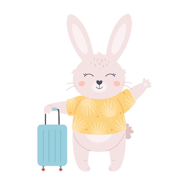 Cute white bunny with travel bag. Summer vacation, hello summer, summertime