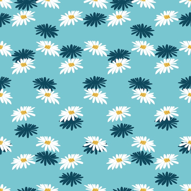 Cute white camomile seamless pattern on blue background