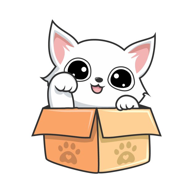 Vector cute white cat hiding in a box