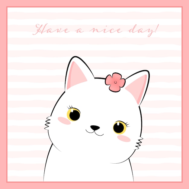 Cute white cat kitten cartoon doodle in pink frame 