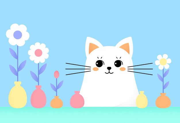 Vector cute white cat looks at flowers in a vase