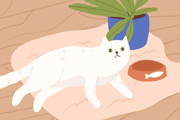 Симпатичная белая кошка лежит на векторной плоской иллюстрации ковра. очаровательное мультяшное домашнее животное отдыхает возле комнатного растения в горшке и пустой миске. ленивая кошка с зелеными глазами отдыхает на полу в ожидании еды.