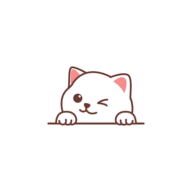 Cute white cat peeking and winking eye cartoon vector illustration