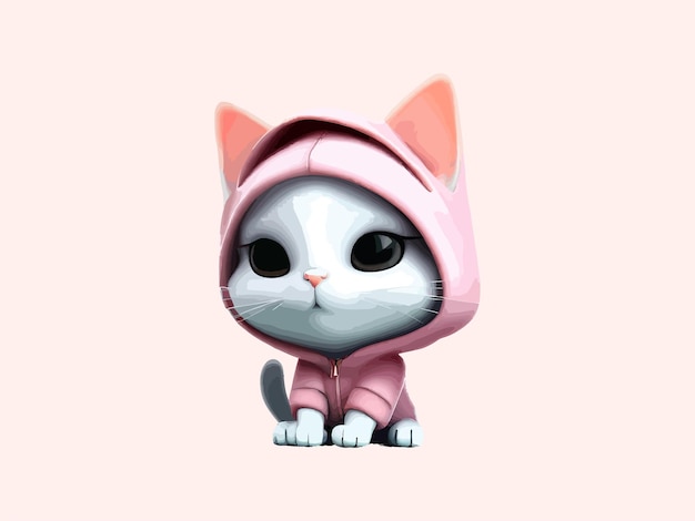 A cute white cat in a pink sweater Funny cat in clothes vector illustration
