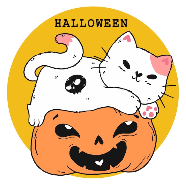 Cute white cat play on craved smile orange pumpkin halloween