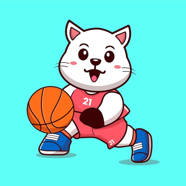 Vector cute white cat playing basketball cartoon vector illustration