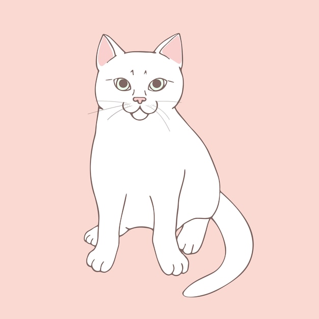 Cute white cat posing on pastel pink background Sitting animal Hand drawn cat Sketch Vector art