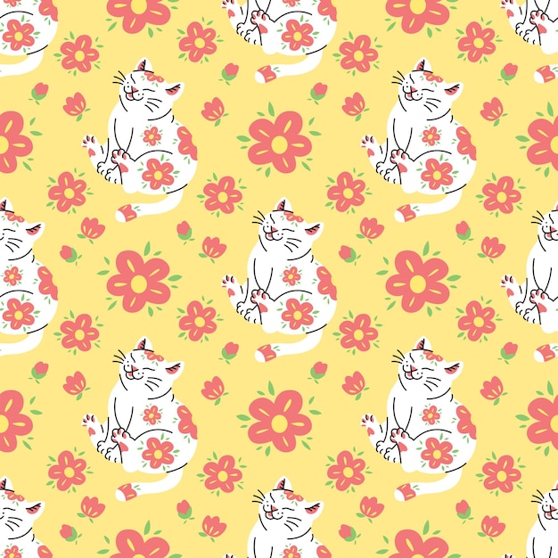 CUTE WHITE CAT WITH RED FLOWERS IN YELLOW BACKGROUND SEAMLESS PATTERN DESIGN