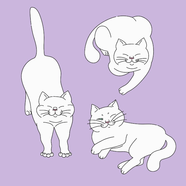 Cute white cats in different poses on purple background