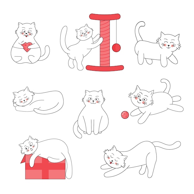 Cute white cats with black outline Kawaii fat cats in funny poses