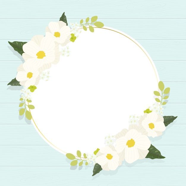 벡터 빈티지 푸른 나무 배경 광장에 귀여운 흰색 코스모스 꽃 화 환 프레임