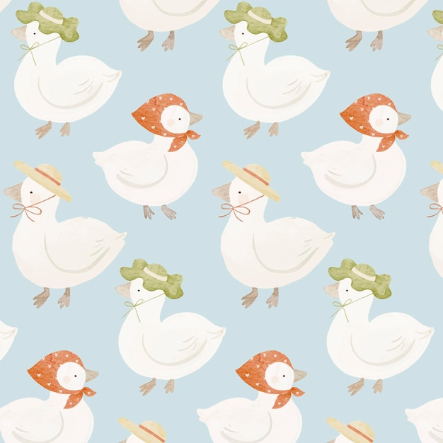 Vector cute white duck with hats in watercolor style pattern