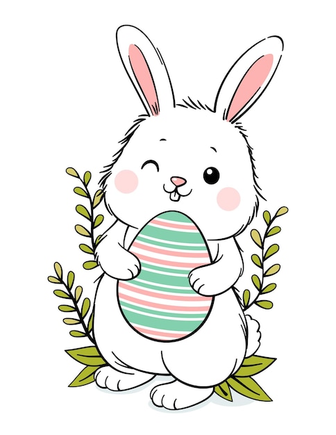 Cute white easter bunny hugging big egg