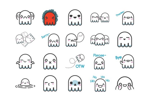 Cute White Ghost Sticker Character   Set with Multiple Expressions