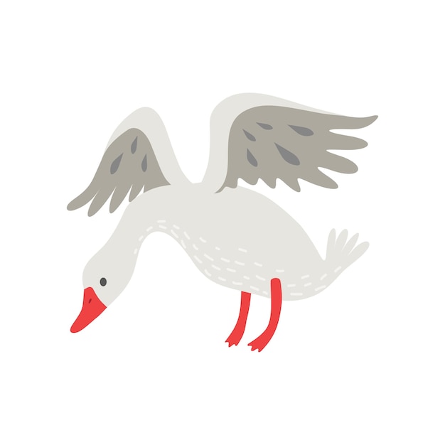 Vector cute white goose cartoon character flapping its wings vector illustration on white background