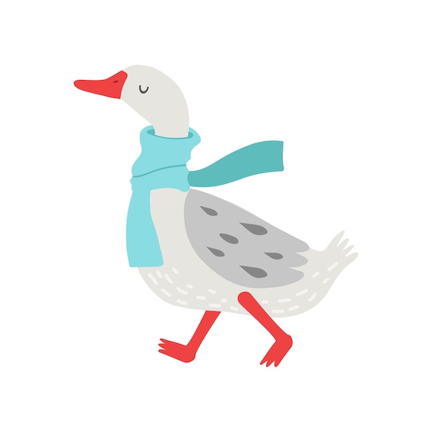 Vector cute white goose cartoon character walking with warm scarf vector illustration on white background