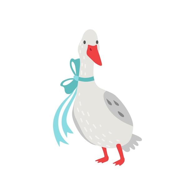 Cute White Goose Cartoon Character with Bow on its Neck Vector Illustration on White Background