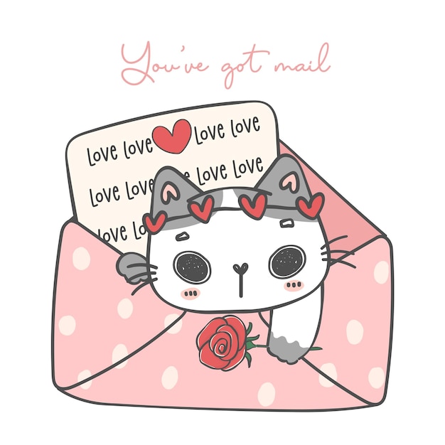 Cute white kitten cat in love pink envelope cartoon animal doodle hand drawing illustration vector