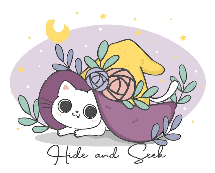 Vector cute white kitten cat under neath witch hat halloween cat hide and seek animal flat cartoon hand drawing doodle vector
