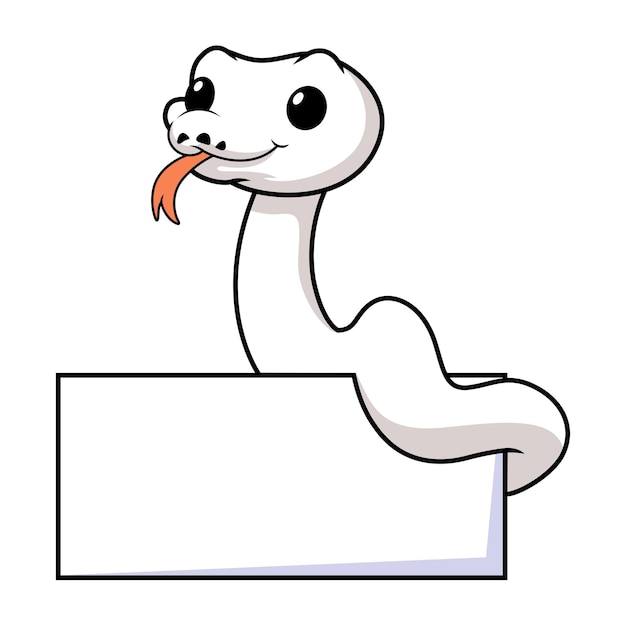 Vector cute white leucistic ball python snake cartoon with blank sign