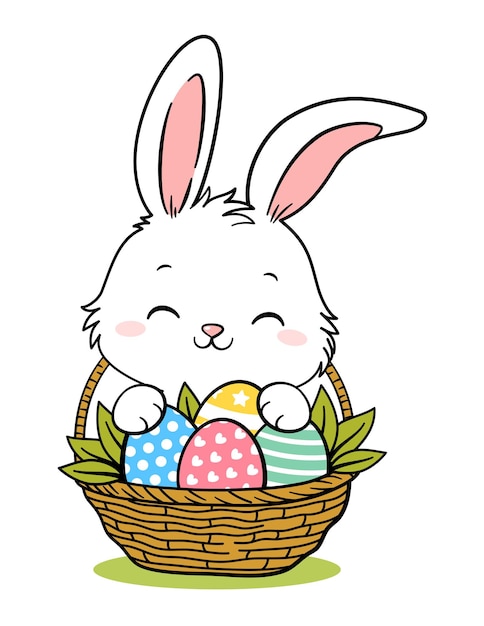 ベクトル 卵のバスケットに可愛い白い小さなイースターウサギ