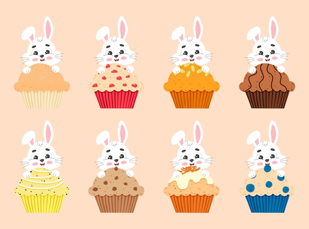 Cute white little rabbits and muffins set Cartoon vector illustration