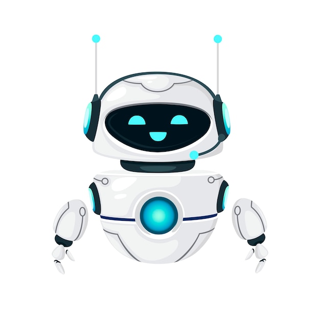 Vector cute white modern levitating robot with happy face flat vector illustration isolated on white background.