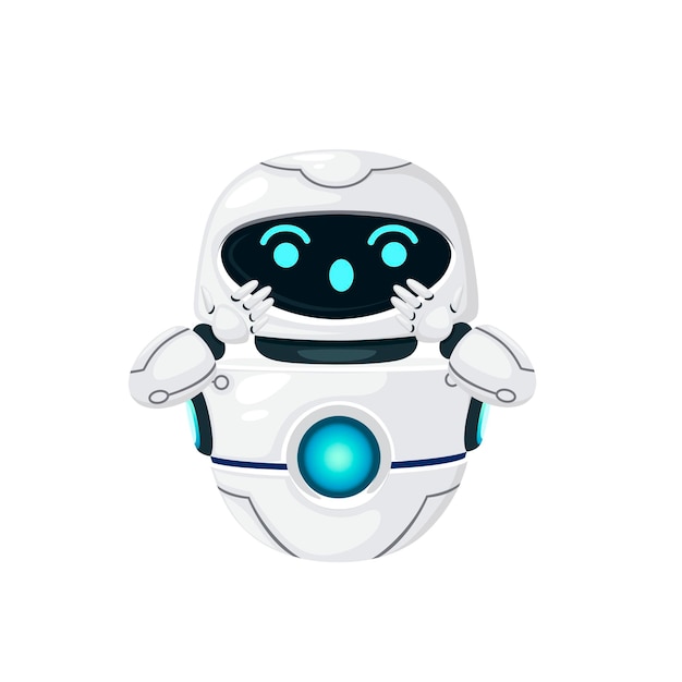 Cute white modern levitating robot with happy face flat vector illustration isolated on white background.