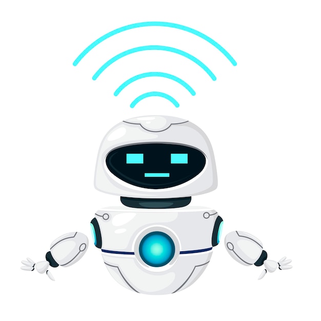 Vector cute white modern levitating robot with wi-fi module flat vector illustration isolated on white background.