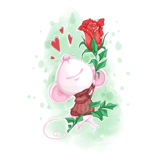 Cute white mouse in a knitted sweater with a red rose in its paws.