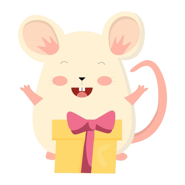 Vector cute white mouse smiling with a gift box