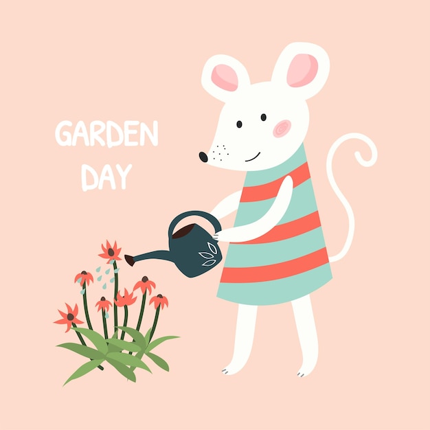 Милая белая мышь поливает цветы Ручной обращается детская иллюстрация Печать для открыток