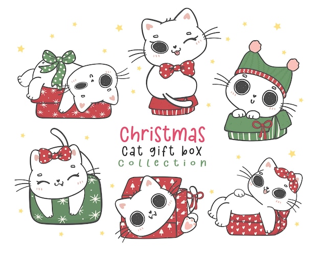 Cute white naugthy kitten cat Christmas in gift present box collection Meowy Christmas adorable