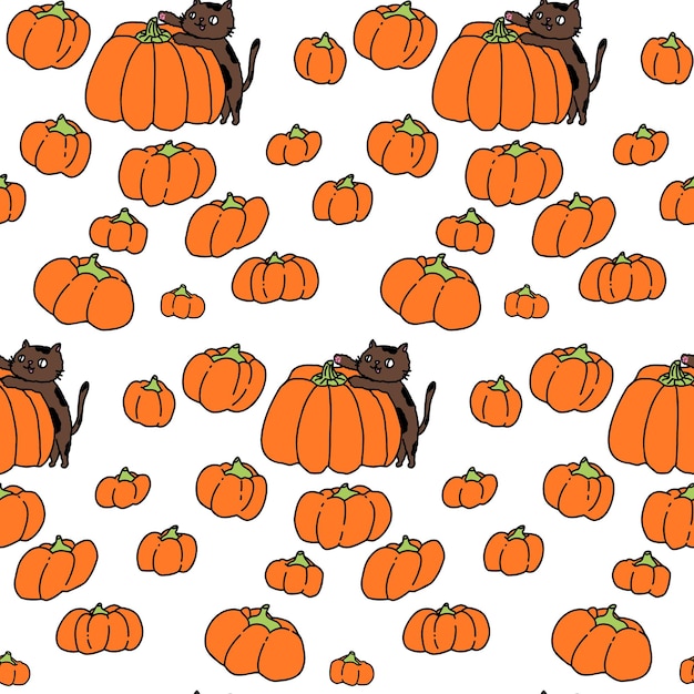 Cute white pattern, doodle line pumpkins with a cat. Halloween seamless background for textile