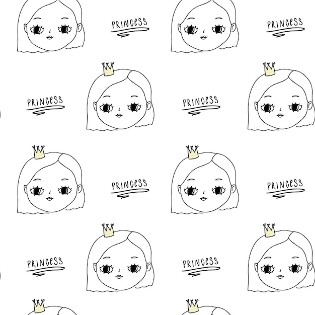 Vector cute white pattern with crown little girl faces princess text seamless background textiles