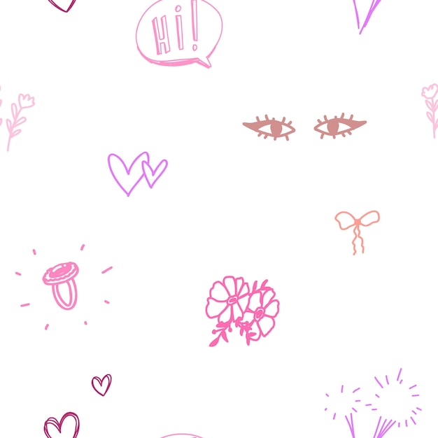 Cute white pattern with line eyes, doodle flowers, ring seamless background for textile fabric.