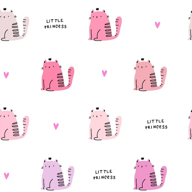 Cute white pattern with pink hearts crown little princess cats text Pets seamless background