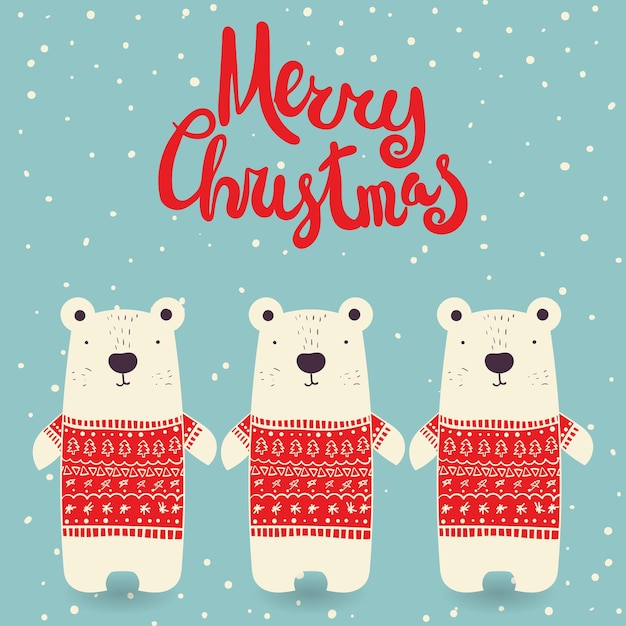 Cute white polar bear in warm winter pullover with fir tree and snowflakes Merry Christmas New Year