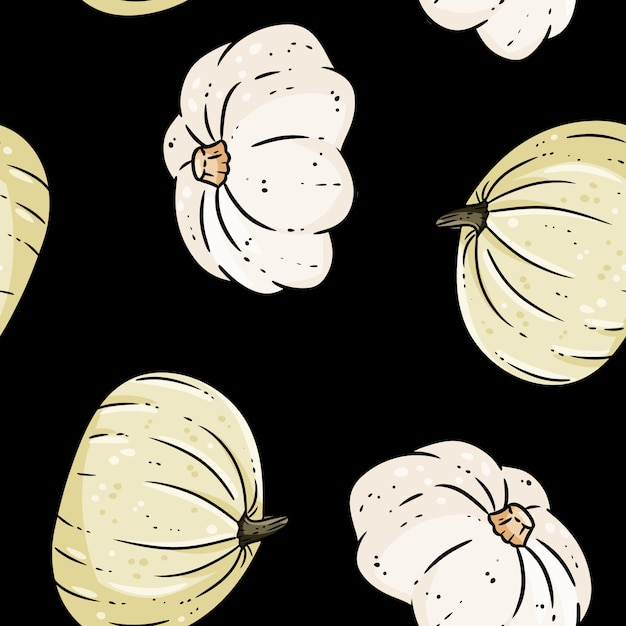 Cute white pumpkins cartoon seamless pattern. fall decoration black background texture tile