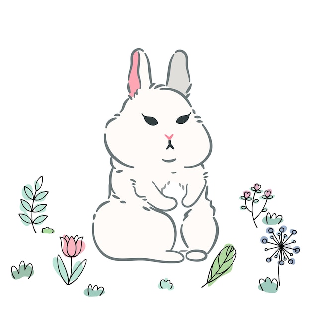 꽃밭에 있는 귀여운 흰 토끼 만화. 일러스트와 함께 귀여운 낙서 토끼 캐릭터.