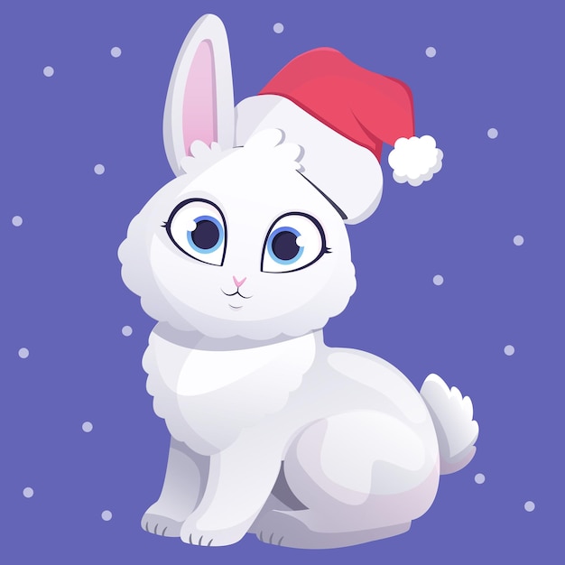 Cute white rabbit in a Christmas hat. Rabbit, symbol of 2023