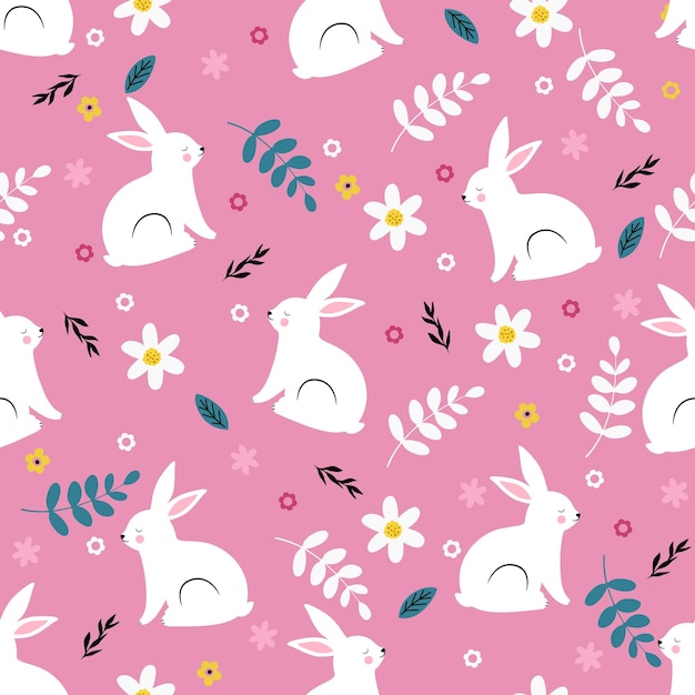 Cute white rabbit fith flowers and leaves Seamless spring pattern