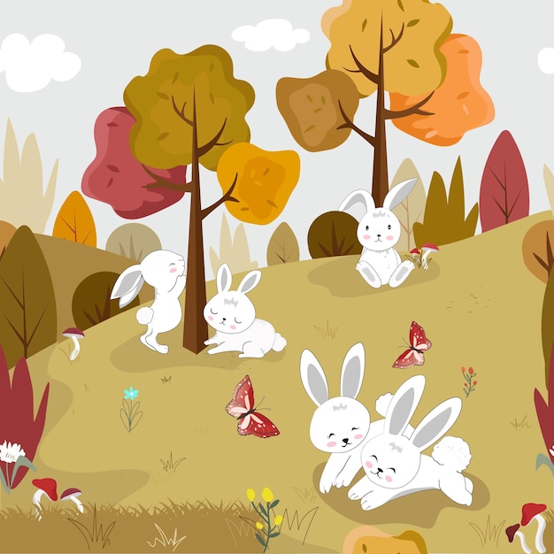 Cute white rabbit in the forest seamless pattern