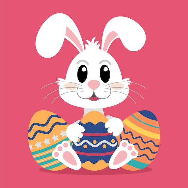 Cute White Rabbit holding colorful easter egg. illustration