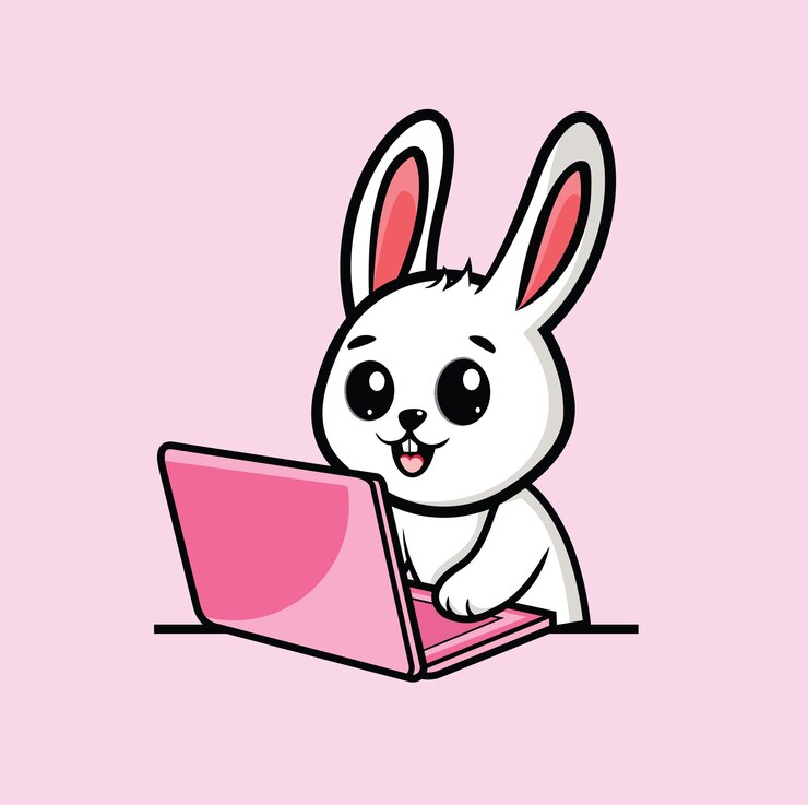 Vector cute white rabbit is sitting in front of a laptop smiling with a cartoonstyle illustration