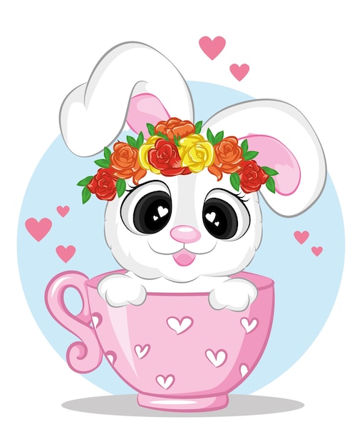 ピンクのカップでかわいい白いウサギ。カップのかわいい漫画の動物のキャラクター